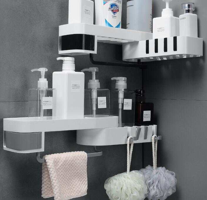 Bathroom corner shelf with suction wall installation in white and gray retro European style for kitchen and bathroom
