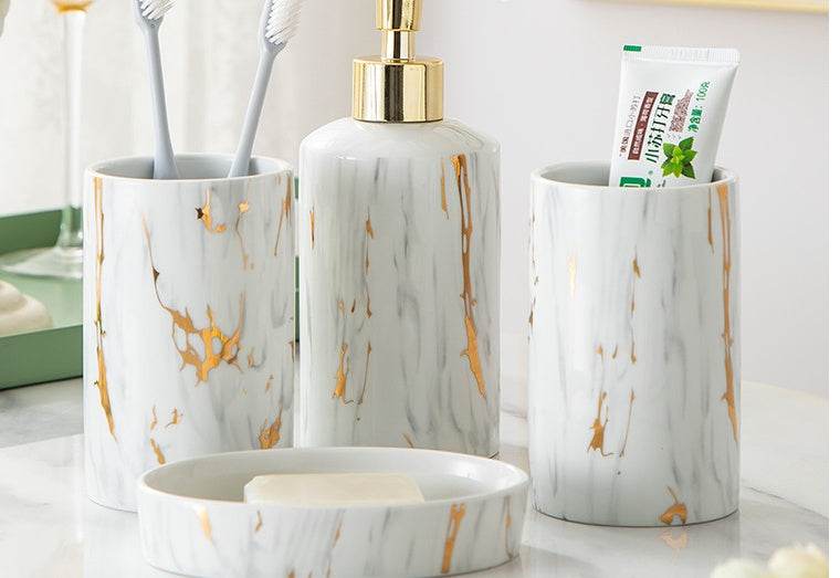 Ceramic bathroom marble wash set with cups, latex bottle, and soap box in elegant packaging