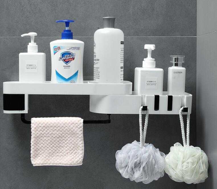 Bathroom corner shelf with suction wall installation in white and gray retro European style for kitchen and bathroom