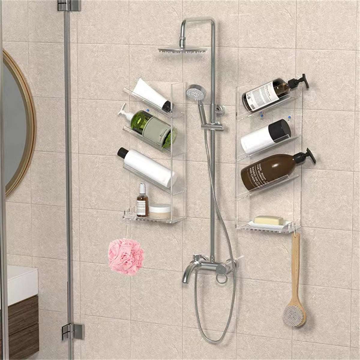 Transparent 4-layer acrylic perfume storage bathroom rack punch-free design