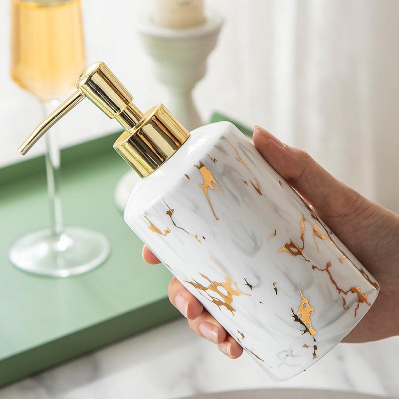 Ceramic bathroom marble wash set with cups, latex bottle, and soap box in elegant packaging