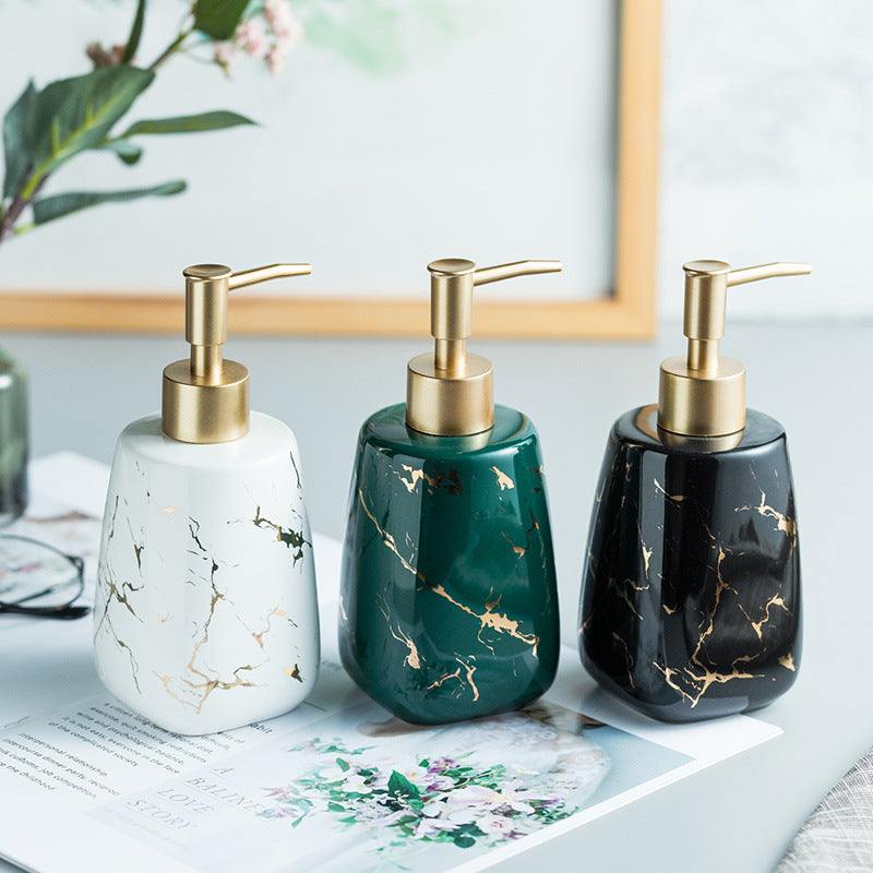 Bathroom ceramic storage bottles in white, black, and dark green marbling designs