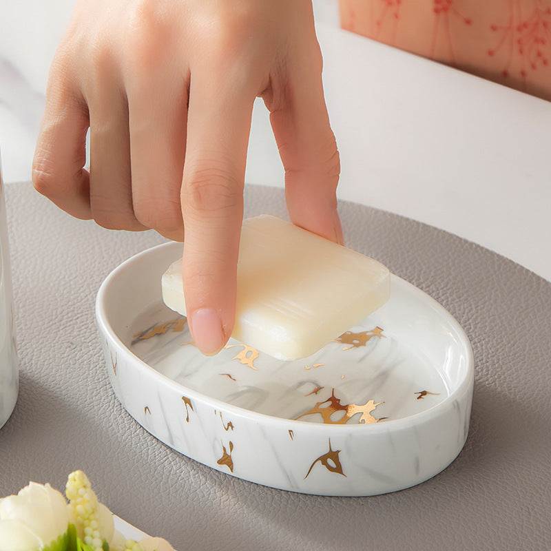 Ceramic bathroom marble wash set with cups, latex bottle, and soap box in elegant packaging