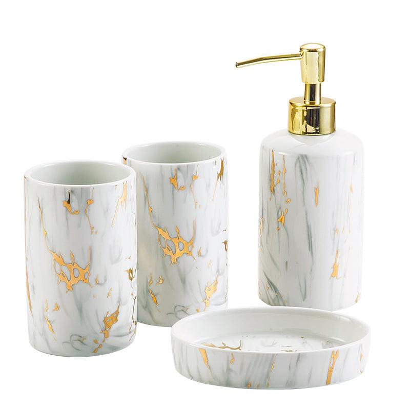 Ceramic bathroom marble wash set with cups, latex bottle, and soap box in elegant packaging