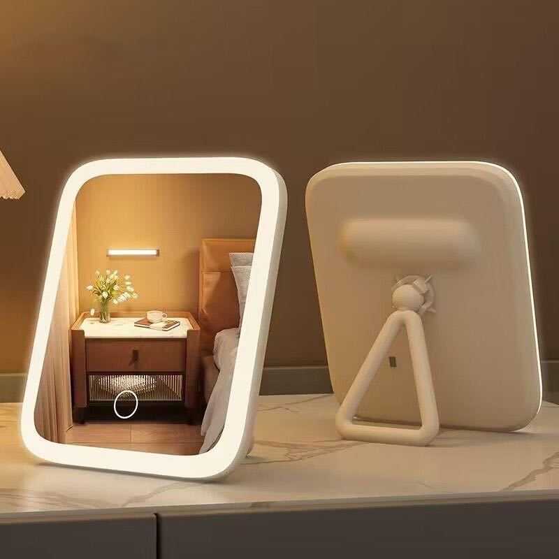 Student dormitory fill-light desktop vanity mirror with adjustable brightness and charging function in natural white and pink colors