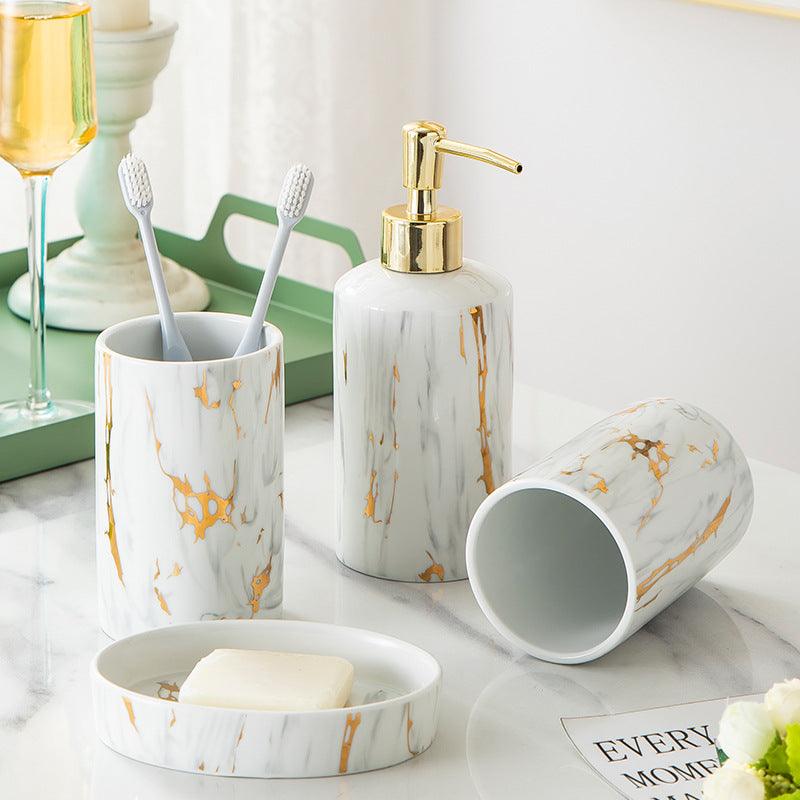 Ceramic bathroom marble wash set with cups, latex bottle, and soap box in elegant packaging
