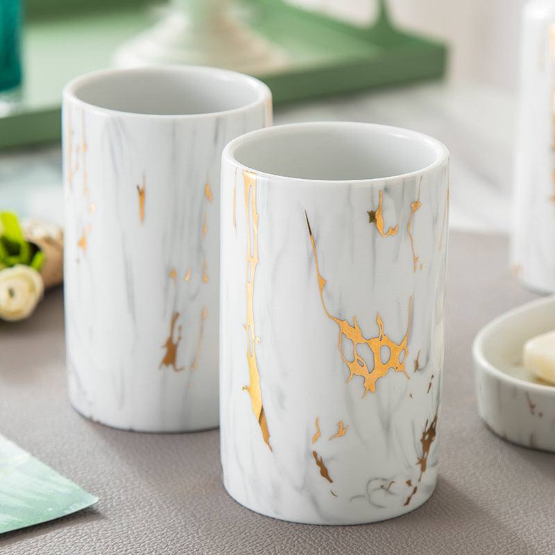 Ceramic bathroom marble wash set with cups, latex bottle, and soap box in elegant packaging